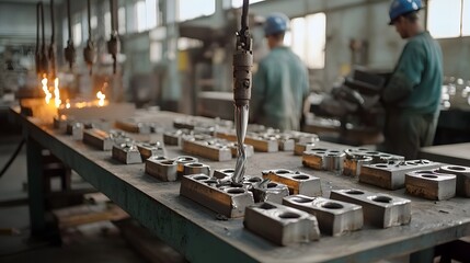 Poster - Permanent mold casting process with molten metal being poured into reusable molds in an industrial metalworking workshop