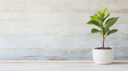 Poster - A small green potted plant with vibrant leaves on a light wooden table against a rustic background : Generative AI