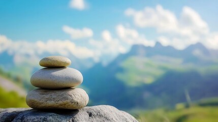 Aufkleber - Stacked Smooth Stones on Rugged Rock with Blurred Mountain Peaks in Background : Generative AI