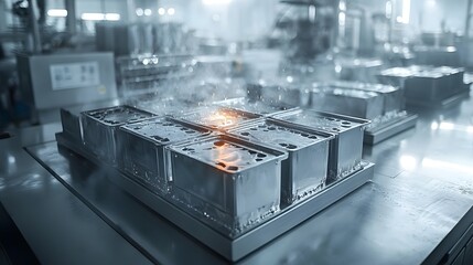 Poster - photo of the gravity die casting process with molten metal being poured into molds under intense pressure to create industrial metal parts and components