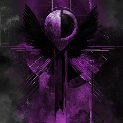 Poster - Abstract Purple and Black: Winged Orb with Geometric Elements in a Dark Textured Composition.