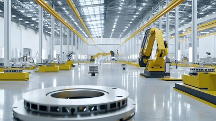 Poster - photograph showcasing the high pressure die casting process of aluminum parts within an industrialized factory environment featuring various robotic machinery equipment