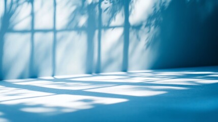 Fototapete - Sunlight streams through a window, casting delicate shadows that intertwine on a calming blue surface. The atmosphere is peaceful and inviting, perfect for quiet reflection