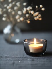 Poster - Simple glass candle lit against a blurred background with decorative floral arrangement for cozy ambiance : Generative AI