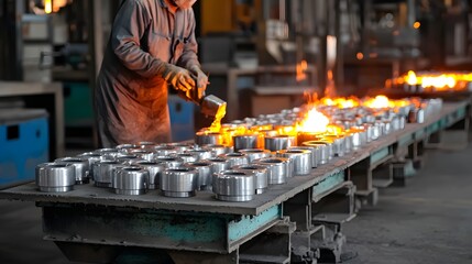 Poster - Precision metalwork components being produced through the intricate process of vacuum casting in a dimly lit industrial workshop setting