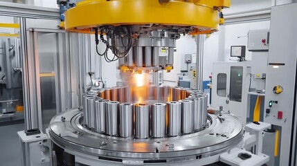 Leinwandbilder - Rapid spinning centrifugal casting machine rapidly spinning and shaping molten metal into precise cylindrical forms in an industrial factory setting