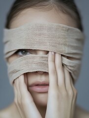 Poster - Close up portrait of a young woman with cloth covering eyes creating a mysterious and artistic effect : Generative AI