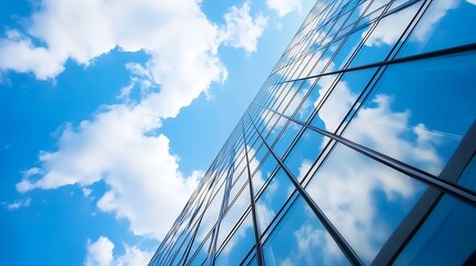 Aufkleber - Tall glass building reflecting blue sky with fluffy clouds and modern architecture design : Generative AI