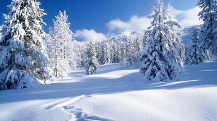 Aufkleber - Winter wonderland with snow-covered trees against a clear blue sky creating a serene atmosphere : Generative AI