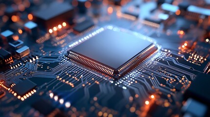 Fototapete - Close Up View of A Microchip Circuit Board with Lights and Connections : Generative AI