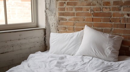 Aufkleber - Cozy bedding with white pillows on rustic brick wall background for serene bedroom : Generative AI