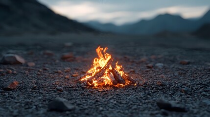 Aufkleber - A captivating image of a futuristic bonfire with glowing embers in neon colors creating a surreal and modern aesthetic against the backdrop of a serene mountain landscape