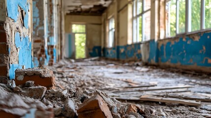 Aufkleber - Abandoned and Distressed Interior of a Ruined Building with Crumbling Walls and Windows : Generative AI