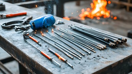 Leinwandbilder - A close up view of various welding electrodes tools and equipment laid out on a sturdy metal workbench with glowing embers visible nearby