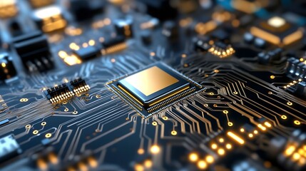 Leinwandbilder - Close up view of sophisticated microprocessor embedded on a printed circuit board in a digital landscape : Generative AI