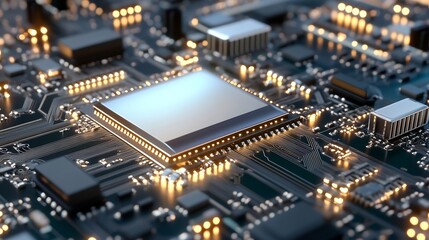 Poster - Close up view of a highly detailed computer circuit board with illuminated components representing technology : Generative AI
