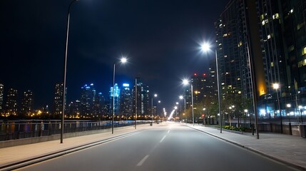 Poster - Urban Night Cityscape with Empty Road and Illuminated Skyscrapers : Generative AI