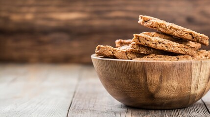 Poster - Delicious homemade oat biscuits stacked in a rustic wooden bowl on a warm wooden table ready for snacking : Generative AI