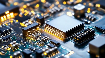 Leinwandbilder - Close up of a modern computer chip on a circuit board showcasing technology and innovation : Generative AI