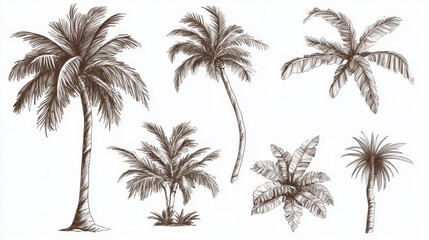 hand drawn tropical palm trees. vector set of hawaii beach palm tree, fern and frond outline, botany
