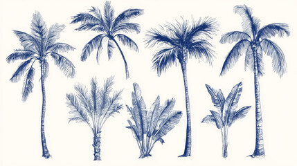 hand drawn tropical palm trees. vector set of hawaii beach palm tree, fern and frond outline, botany