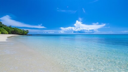 Canvas Print - Serene Tropical Beach With Crystal Clear Water And White Sand Under Bright Blue Sky : Generative AI