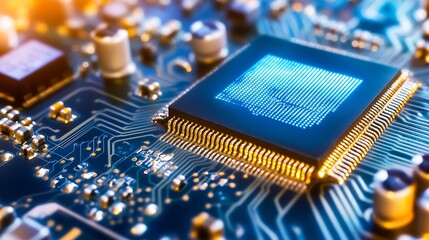 Poster - High-resolution image of a microprocessor on a circuit board illuminated by ambient light : Generative AI