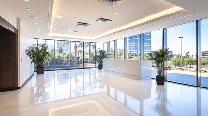 Aufkleber - Spacious Modern Office Lobby with Large Windows and Tropical Plants : Generative AI