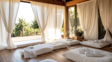 Poster - Calm Wellness Space with White Cushions and Soft Light for Relaxation : Generative AI