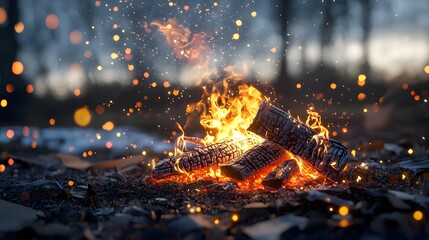 Fototapete - Captivating digital artwork depicting a futuristic bonfire where embers glow in vibrant neon colors creating a surreal and modern aesthetic with a mesmerizing ethereal atmosphere
