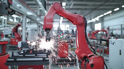 Aufkleber - Cinematic shot of an automated welding robot in an industrial factory with bright sparks flying in all directions as it performs metalwork and fabrication