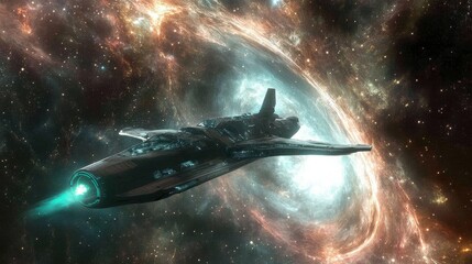 Wall Mural - Futuristic Spaceship Exploring Colorful Nebula in Deep Space