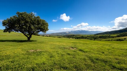 Wall Mural - Scenic green meadow with a single oak tree under a bright blue sky : Generative AI