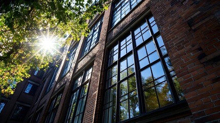 Aufkleber - Beautiful Reflections of Sunlight on Large Windows of a Vintage Brick Building : Generative AI