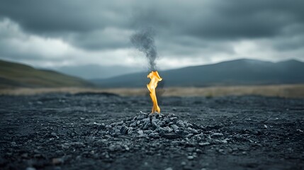 Aufkleber - Close up of a single flame rising defiantly from a bed of smoldering coals surrounded by swirling wisps of dramatic smoke against a moody atmospheric landscape background