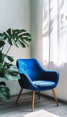 Wall Mural - Charming blue chair beside leafy plant in cozy room for inviting interior design inspiration