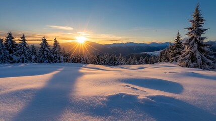 Aufkleber - Stunning Winter Sunrise Over Snowy Landscape with Trees and Mountains : Generative AI