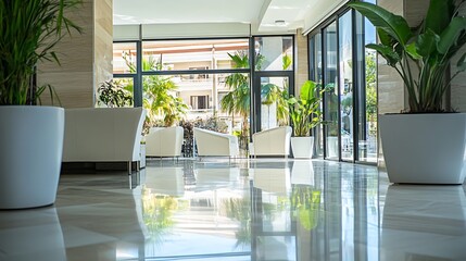 Aufkleber - Bright Modern Lounge Area with Potted Plants and Beautiful Windows in a Contemporary Setting : Generative AI