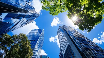 Sticker - Looking Up at Skyscrapers Amongst Green Trees Under a Bright Sky : Generative AI