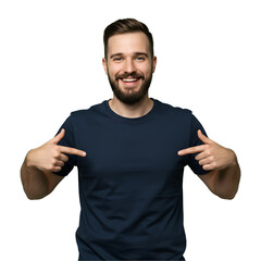 Mockup navy blue shirt on a transparent PNG. The man is pointing to the middle of the shirt to reinforce the message