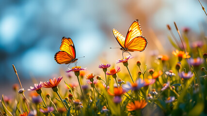 Wall Mural - Picturesque sunset nature meadow field with butterfly as spring summer background concept. Beautiful seasonal lush floral foliage colorful blur. Amazing inspire nature closeup. Inspire beauty. 