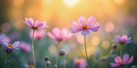 Wall Mural - Pink spring flowers on meadow, blurry sunlight background and dreamy artistic bokeh lush foliage. Picturesque cosmos floral nature, amazing sunlight, love happiness mood. Spring summer meadow field