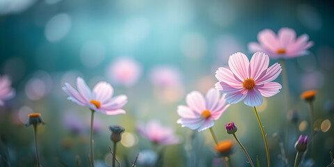 Wall Mural - Pink spring flowers on meadow, blurry sunlight background and dreamy artistic bokeh lush foliage. Picturesque cosmos floral nature, amazing sunlight, love happiness mood. Spring summer meadow field