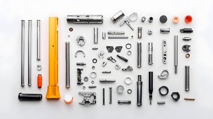 Poster - Detailed Composition of Disassembled Firearm Parts Laid Out on an Industrial Workbench