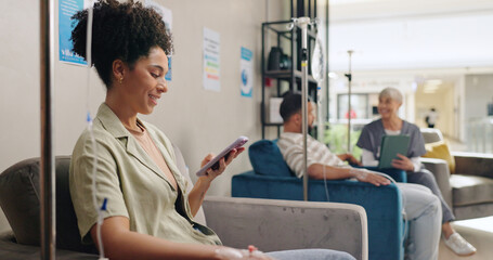 Poster - Hospital, phone and people in chemotherapy with IV for cancer treatment, medication and medicine drip. Healthcare, wellness and patients on smartphone for social media, website and online in clinic,I