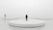 © Suhaidi - Minimalist scene featuring three figures on circular platforms in a vast, empty space