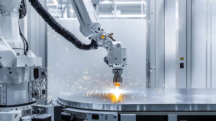 Aufkleber - Futuristic robotic arm with advanced laser technology precisely welding a sleek curved metal panel in an industrial manufacturing setting  High tech automation and precision engineering concept