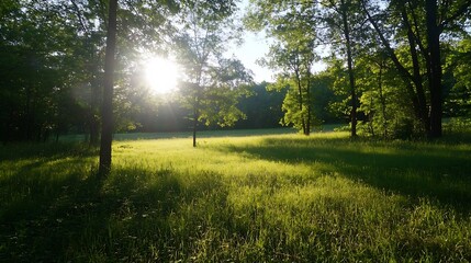 Wall Mural - Lush Green Meadow with Sunlight Filtering Through Trees in a Calm Natural Landscape : Generative AI