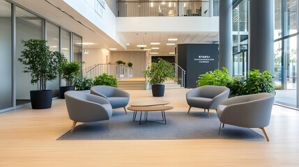 Sticker - Modern Office Space with Comfortable Chairs and Stylish Green Plants : Generative AI