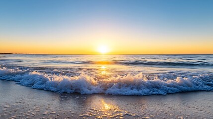 Poster - Golden Sunrise Over the Ocean Waves with Calm Waters Reflecting the Morning Light : Generative AI